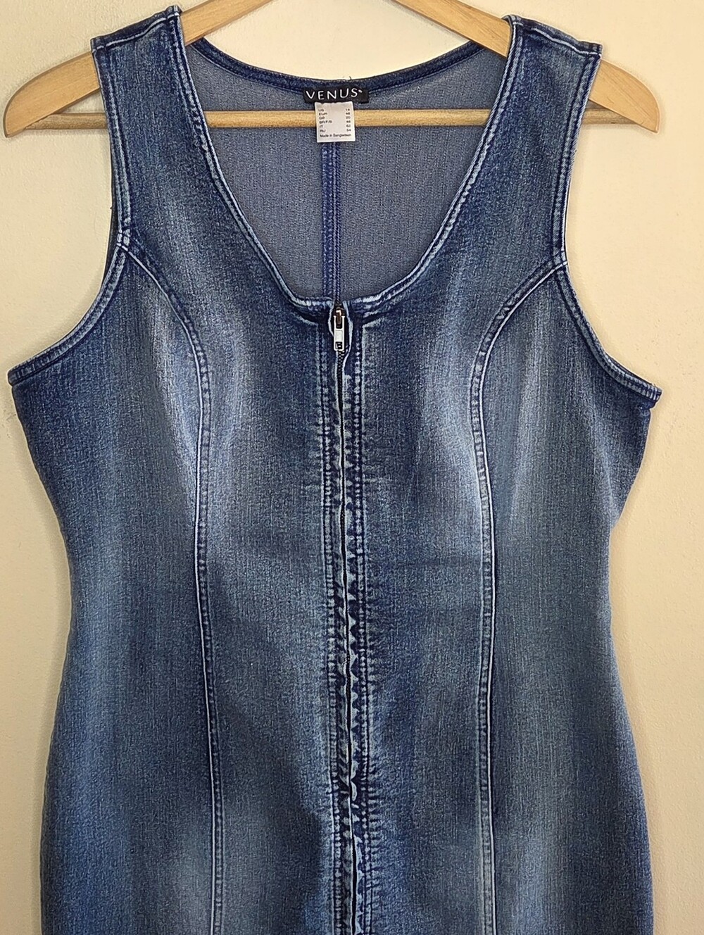 Venus Faded Denim Zip Front Bodycon Fitted Mini Dress with Stretch Size 14 Y2K - Picture 2 of 5